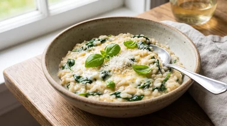 Risotto de queso y espinaca listo en 35 minutos